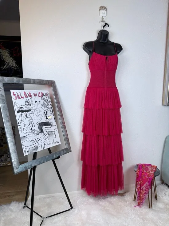 NWT ML Monique Lhuillier Tiered Tulle Maxi Dress Cherry Pink Size 8 - Picture 13 of 14